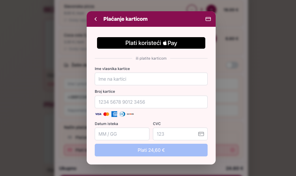 Plaćanje karticom u digitalnom cjeniku — payment modal s Apple Pay i unosom kartice