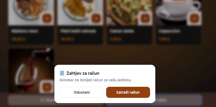 Guest requesting the bill from the digital menu