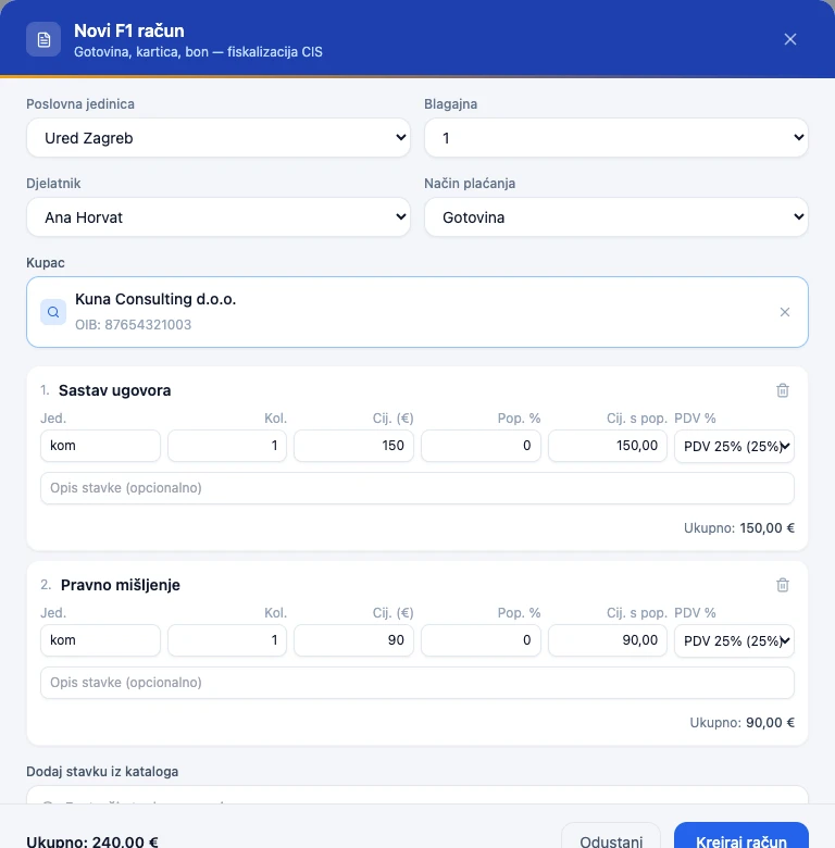 Ručna izrada F1 računa u Fakturiranju