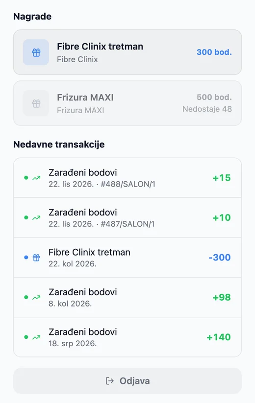 Nagrade i povijest transakcija u loyalty portalu