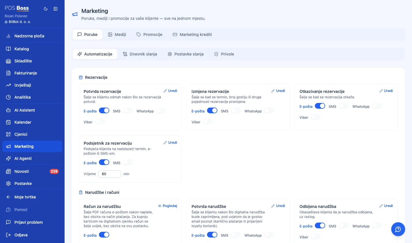 Postavke automatiziranih poruka u Marketing modulu