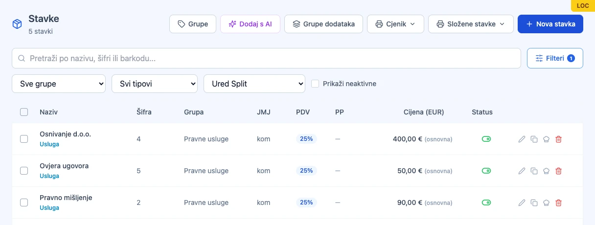 Katalog artikala filtriran po lokaciji, s cijenom po poslovnoj jedinici