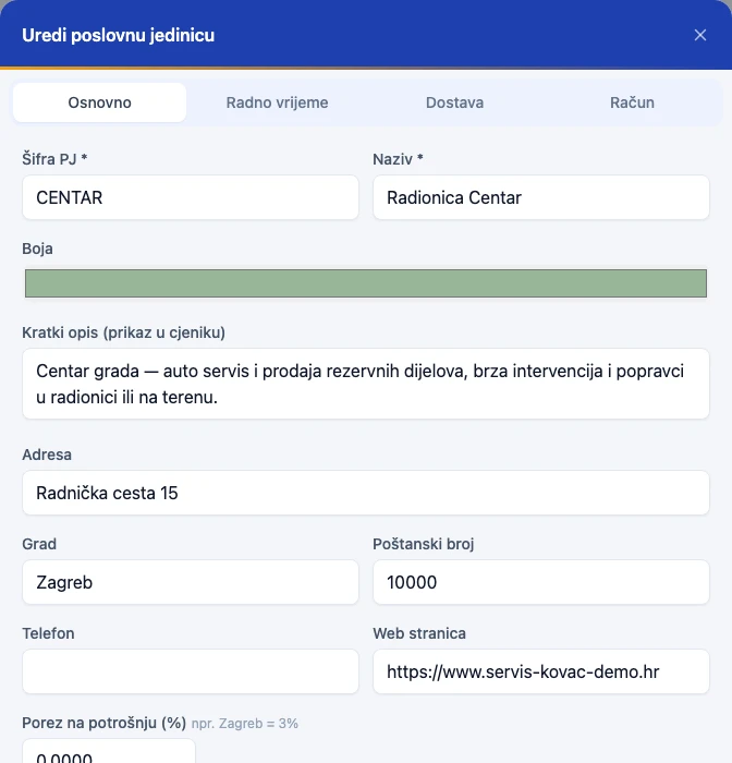 Uređivanje osnovnih podataka poslovne jedinice — adresa, telefon, porez na potrošnju