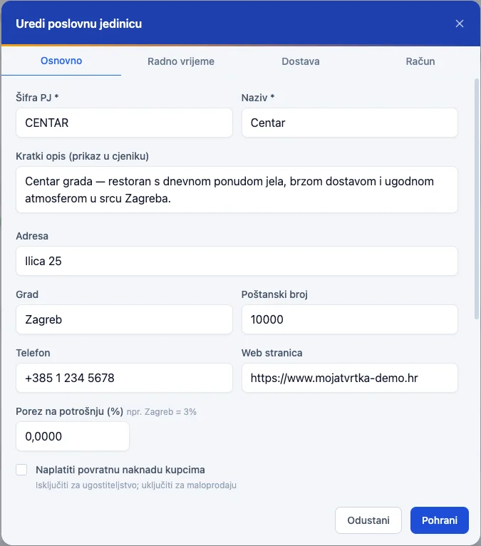 Uređivanje osnovnih podataka poslovne jedinice — adresa, telefon, porez na potrošnju